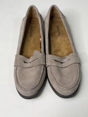 Sonoma Goods For Life Womens 6.5M Taupe Suede Penny Loafers Slip On Comfort Shoe